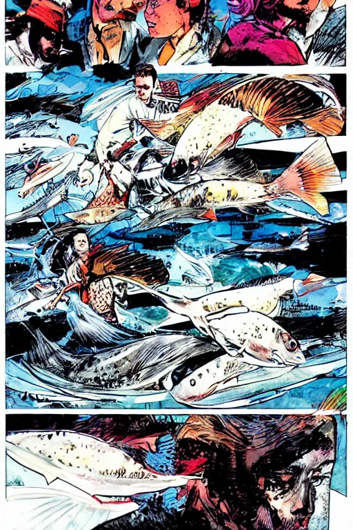 Image similar to fish flying through the sky, graphic novel, high contrast, by bill sienkiewicz