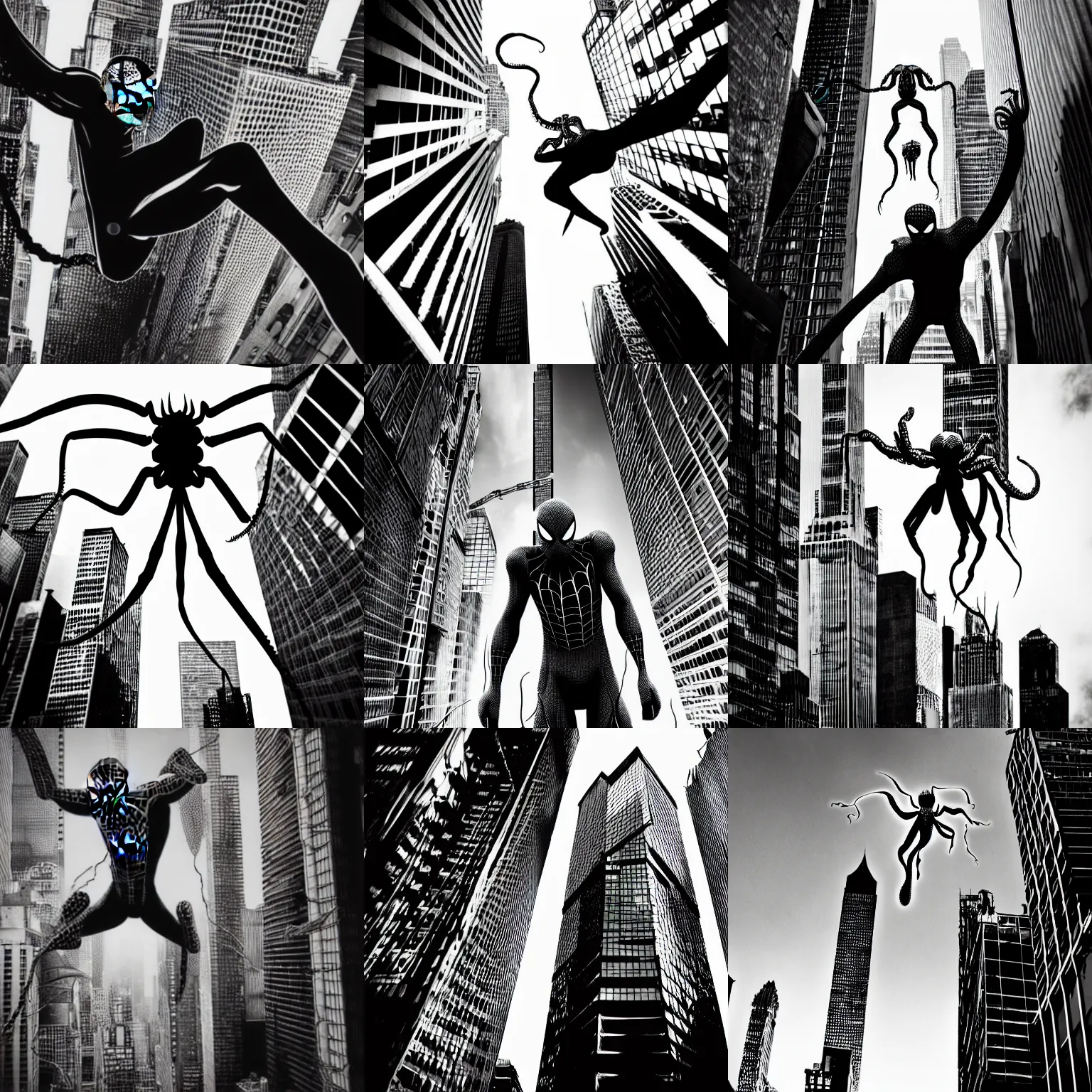 Prompt: black and white ugly scary spider - man with tentacles in a torn suit flies between huge skyscrapers by tsutomu nihei, black and white, comic, cinematic, no color, detalized new york background