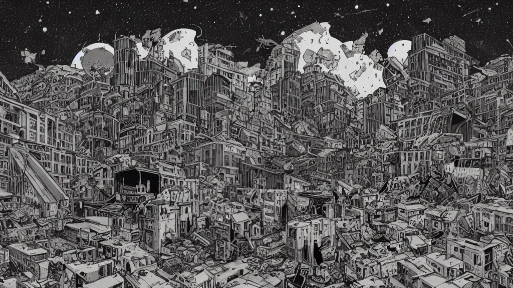 Image similar to very detailed, prophet graphic novel, ilya kuvshinov, mcbess, rutkowski, simon roy, illustration of decrepit abandonned arcologies in dystopian megalopolis ruins with space debris floating in the sky on a dead planet earth, wide shot, colorful, deep shadows, astrophotography