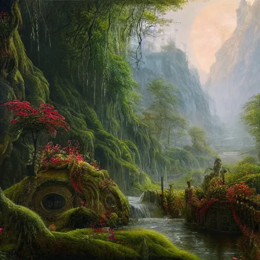 Image similar to a beautiful and highly detailed matte painting of a magical garden in a lush forest deep in an epic mountain range, intricate details, epic scale, insanely complex, 8 k, sharp focus, hyperrealism, by caspar friedrich,