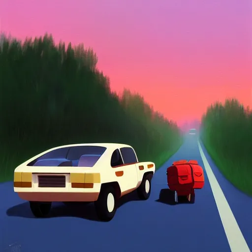 Image similar to goro fujita ilustration rear view of a car equipped with suitcases heading to the forest at sunset, painting by goro fujita, sharp focus, highly detailed, artstation