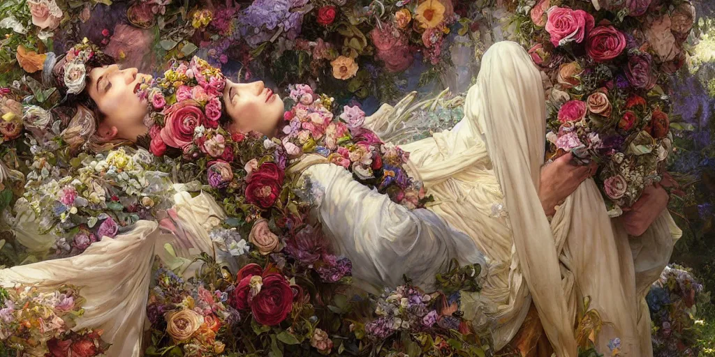 Image similar to an elaborate coffin with a mysterious sleeping beauty holding a large bouquet of flowing flowers,, fantasy, regal, intricate, by stanley artgerm lau, greg rutkowski, thomas kindkade, alphonse mucha, loish, norman rockwell