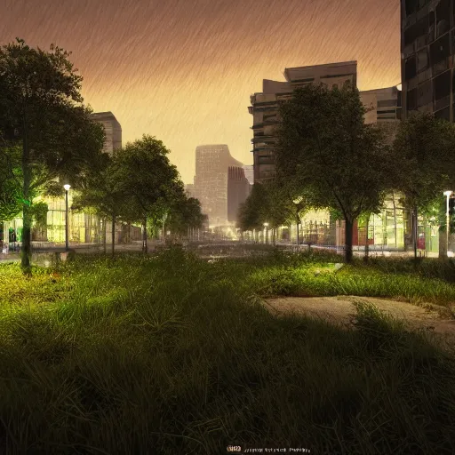 Image similar to city overgrown, night time, photo realistic, glow