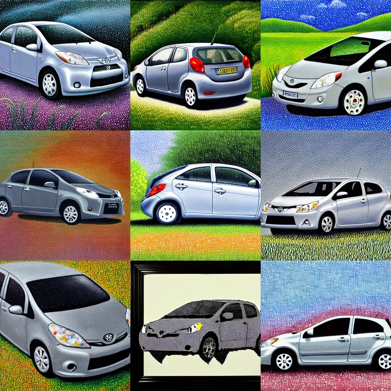 Prompt: a pointilliest painting of a grey toyota yaris 2008 1.3 sol