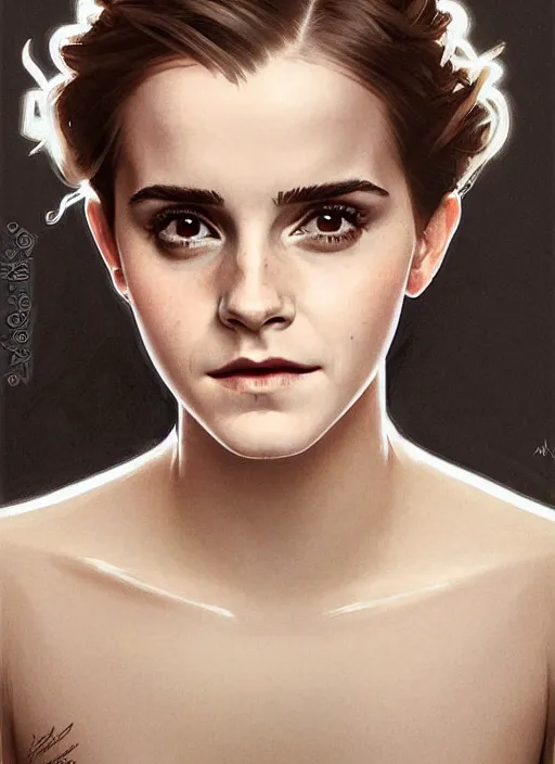 Image similar to emma watson looking into the camera with mischievous grin. beautiful detailed face. by artgerm and greg rutkowski and alphonse mucha