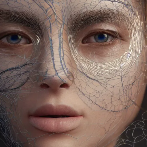 Image similar to intricate highly detailed face portrait of asian - european woman, light blue water vines on her face, intricate, cgsociety, unreal engine, octane render, sharp focus, smooth, volumetric lighting, cinematic composition, artstation