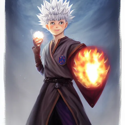 Image similar to portrait portrait portrait of Killua Zoldyck Mage doctor wearing a fireball in his right hand whilst wearing a waterball in his left hand whilst wearing a Shield of Omnipotence greg rutkowski peter mohrbacher anato finnstark marc simonetti Grisaille Realism