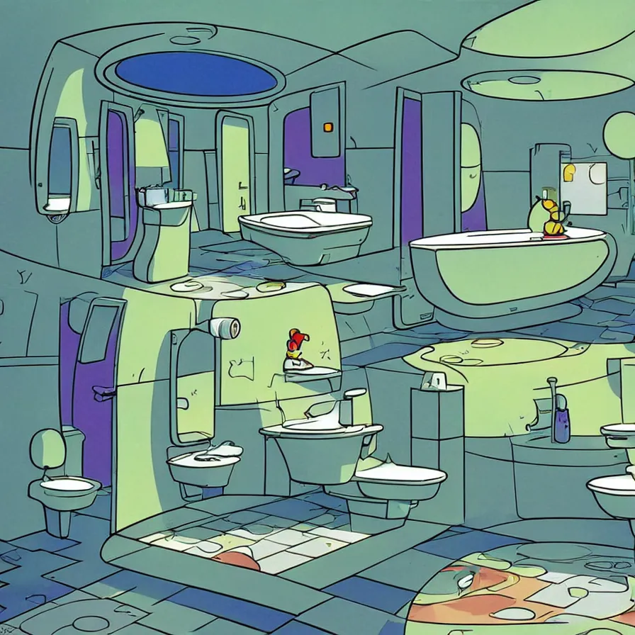 Image similar to concept art of jetsons cartoon bathroom, painted by tim white