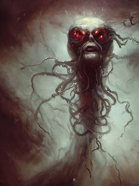 Image similar to painting by greg rutkowski of a flying sorrowful looking human head with tears running down it's eyes, face that is chalk white in color, with long sprawling white tentacles stemming down it's neck, fiery scorching red eyes, flying in a terrying hellish dark cavernous place