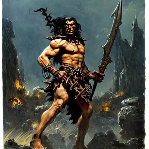 Prompt: barbarian necromancer in heroic pose,dnd, mtg,very detailed painting by Frank Frazetta