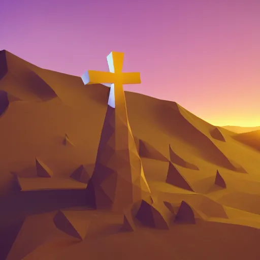 Image similar to isomorphic vector, low poly, white cross icon, on a hill, sunset background, cgsociety, volumetric lighting, artstationhq