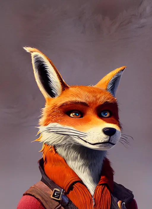 Image similar to highly detailed portrait of fantastic mr fox, by stephen bliss, unreal engine 5, fantasy art by greg rutkowski and loish rhads ferdinand.