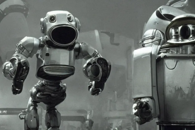 Image similar to a movie still from the 1985 summer blockbuster movie Back to the Robots directed by Steven Spielberg