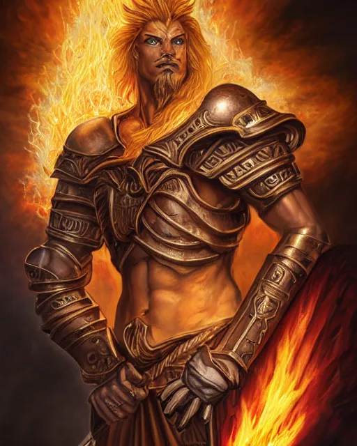 Prompt: mtg character portrait of a brawny male leonin warrior african lion angel of justice, with fiery golden wings of flame, wearing shining armor, wielding a flaming sword and holding a large fiery shield, by peter mohrbacher, mark brooks, jim burns, wadim kashin, greg rutkowski, larry elmore, esao andrews, george pemba, trending on artstation