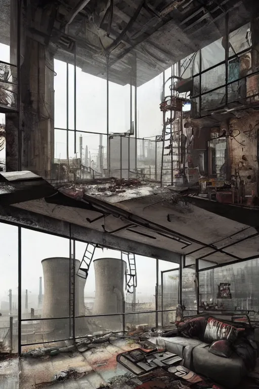 Prompt: an open - lan loft apartment with a panoramic view of a grim industrial landscape of cooling towers and rusted silos. inside, the apartment is fancy but filled with mess. extreme detail, artstation trending, artgerm, deviant art, octane, substance, art history 8 k