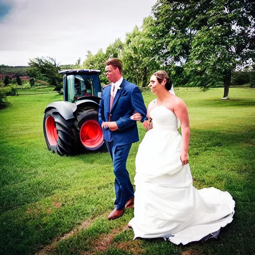 Prompt: “ a tractor getting married, walking down the aisle, wedding photography ”