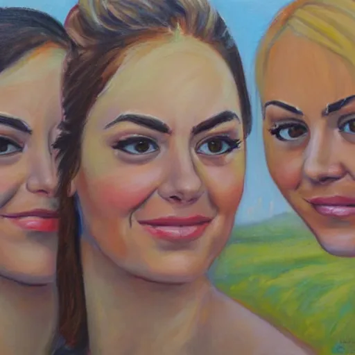 Image similar to Frontal portrait of three Emma Stones. Detailed painting