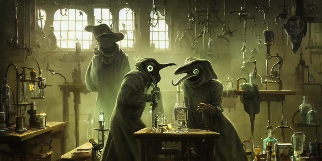 Image similar to a plague doctor and a humanoid rat in a laboratory with lots of flasks filled with magic liquids and green fog, stephen bliss, unreal engine, fantasy art by greg rutkowski, loish, rhads, ferdinand knab, ilya kuvshinov, rossdraws, tom bagshaw, global illumination, radiant soft light, detailed and intricate environment