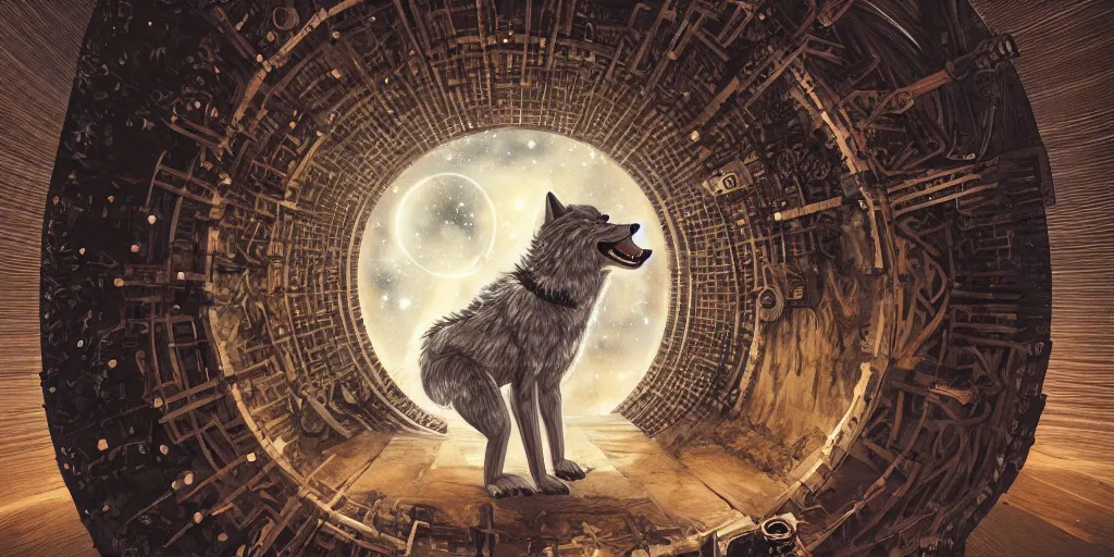 Image similar to anthropomorphic furry wolf inside a giant automaton tower that tracks the stars, illustration