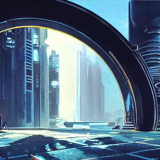 Image similar to centered circular derelict portal in a middle of a futuristic cityscape located under a bridgeway, world seen only through a portal, daylight, cinematic perspective, cinematic lighting, blue sky, syd mead, john harris, symmetrical