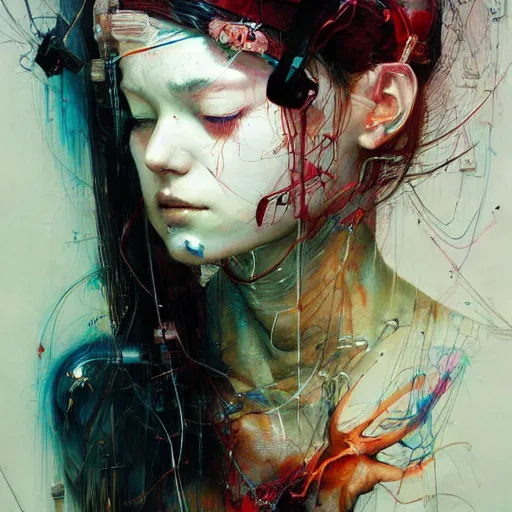 Prompt: young woman cyberpunk dreaming, wires cybernetic implants, in the style of adrian ghenie, esao andrews, jenny saville,, surrealism, dark art by james jean, takato yamamoto