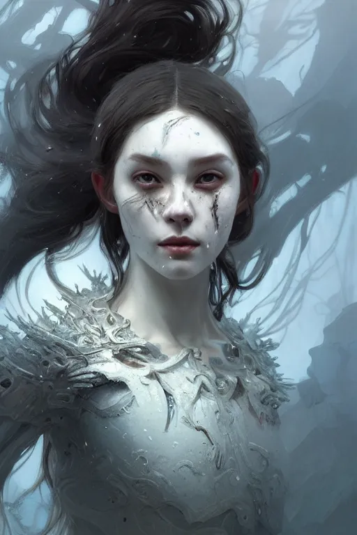 Image similar to portrait of dead from mayhem, matte white color mirror armor, in ruined fjords of norway, sci-fi and fantasy, intricate and very very beautiful and elegant, highly detailed, Frostbite Engine, digital painting, artstation, concept art, smooth and sharp focus, illustration, art by tian zi and WLOP and alphonse mucha