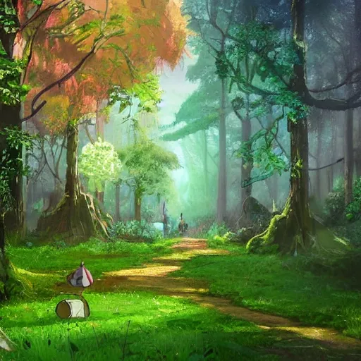 Prompt: studio ghibli, Disney background style, lollipop forest, lit grassy pathway, trees with low branches close together, wet tiny mossy ground and colorful lighting, gothic, giant gumdrops on the ground, photorealistic, concept art, sci-fi, artstation, volumetric light moody cinematic epic, 3d render, octane render, trending on artstation, style of destiny 2 , bungie, artstation, by Thomas Kinkade Moebius and Craig Mullins, 4k