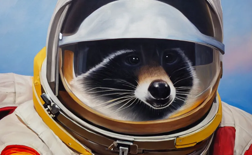 Image similar to oil painting of a racoon in a astronaut suit with helmet, 35mm, photo, Epic, cinematic