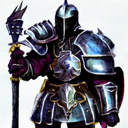 Prompt: watercolor, final fantasy tactics character design, knight wearing plate armor, knight wearing helmet, character portrait, evil, shrouded in pitch black darkness