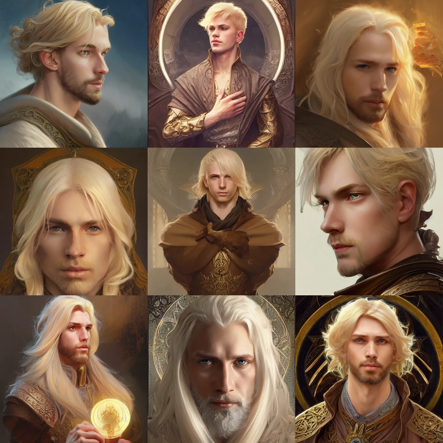 Prompt: portrait of a blonde-haired male cleric, D&D, fantasy, intricate, elegant, highly detailed, digital painting, artstation, concept art, smooth, sharp focus, illustration, art by artgerm and greg rutkowski and alphonse mucha