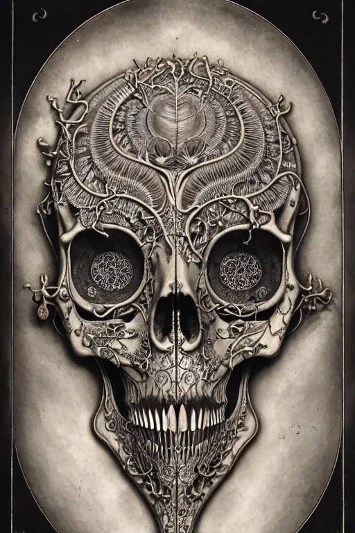 Image similar to art forms of nature by ernst haeckel, memento mori by arthur rackham, ornate antique porcelain beautiful skull mask, ultrasharp, photorealistic, hyperdetailed, octane render, polished, art nouveau, neo - gothic, gothic, intricate ornamental organic filigree, art nouveau botanicals, art forms of nature by ernst haeckel, horizontal symmetry, symbolist, visionary