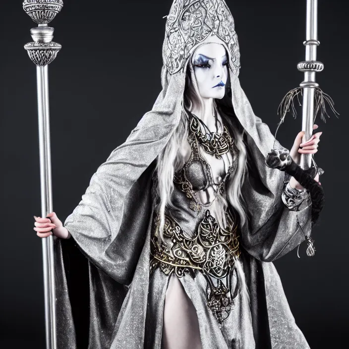 Image similar to photograph of a real-life beautiful elemental moon witch with ornate silver robes and staff. Extremely detailed. 8k