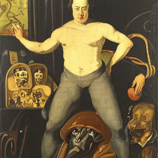 Image similar to subtle, sinister cobalt by william hogarth, by james mcintosh patrick. a mixed mediart of a large, black - clad figure of the king looming over a small, defenseless figure huddled at his feet. the king's face is hidden in shadow. menacing stance, large, sharp claws, dangerous & powerful creature.