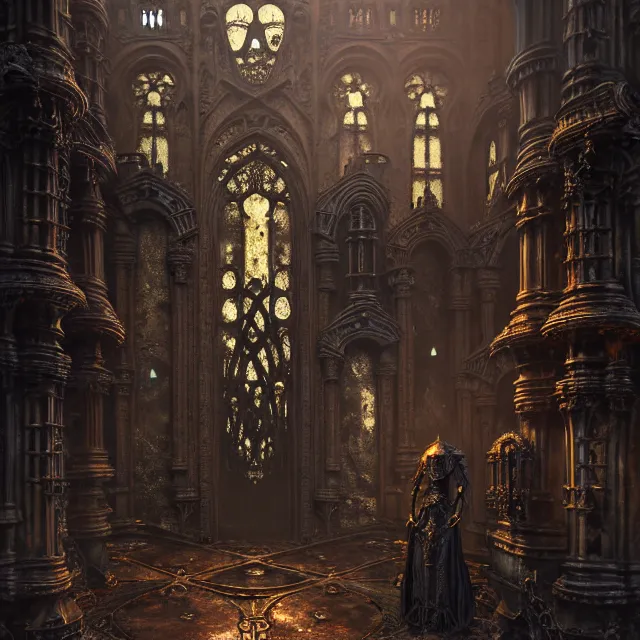 Image similar to steam necropolis, memento mori, gothic, neo - gothic, art nouveau, hyperdetailed copper patina medieval icon, stefan morrell, philippe druillet, ralph mcquarrie, concept art, steampunk, unreal engine, detailed intricate environment, octane render, moody atmospherics, volumetric lighting, ultrasharp, ominous, otherworldly