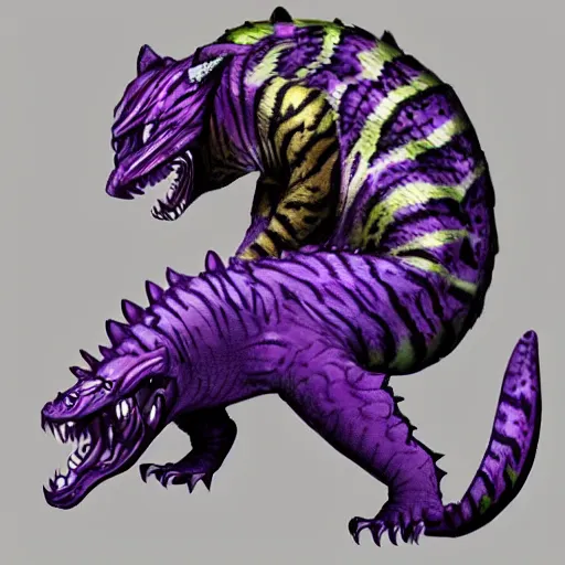 Prompt: violet crocodile tiger hybrid monster, fantasy game art, fantasy rpg, league of legends