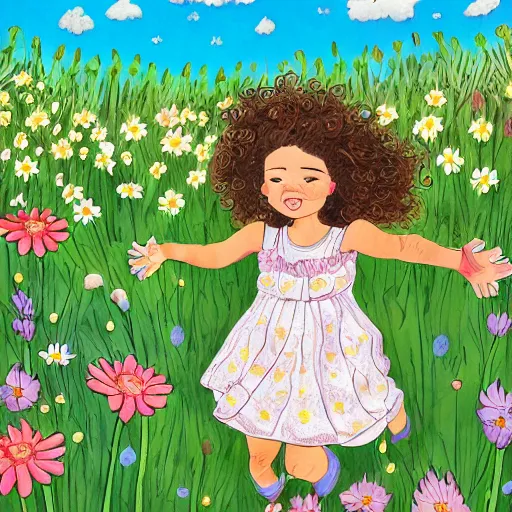 Image similar to a little girl with curly brown hair running through a field of flowers, highly detailed very beautiful fun children's book illustration by basia tran
