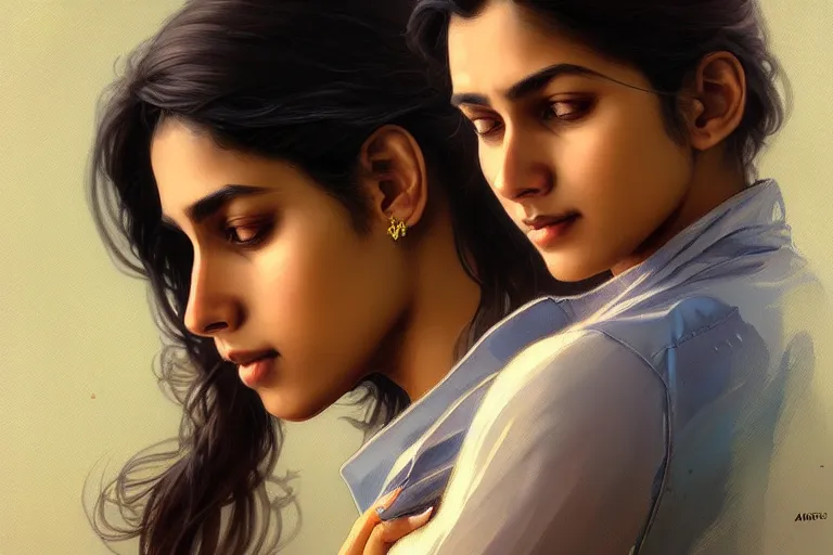 Image similar to Anxious pretty pale young Indian doctor wearing jeans at the airport, portrait, elegant, intricate, digital painting, artstation, concept art, smooth, sharp focus, illustration, art by artgerm and greg rutkowski and alphonse mucha