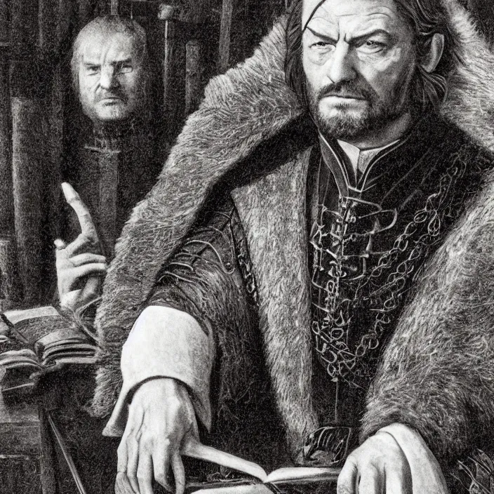 Prompt: professional photographic portrait of eddard stark as machiavelli in a library, vanquished enemies strewn over the ground, renaissance style, fine art piece, incredible detail, vray rendering, high octane,