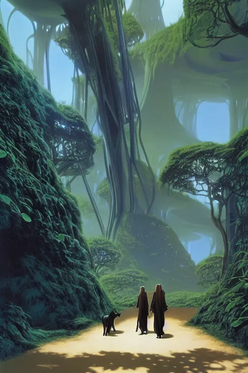 Image similar to emissary a woman walking her two dogs through a blue endor jungle ( designated : ix 3 2 4 4 - a ) in star wars to a magical building designed by zaha hadid, illustrated by arthur haas and bruce pennington and john schoenherr, cinematic matte painting, 8 k, dark color palate