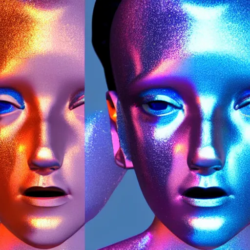 Image similar to 3d render of holographic human robotic head made of glossy iridescent, surrealistic 3d illustration of a human face non-binary, non binary model, 3d model human, cryengine, made of holographic texture, holographic material, holographic rainbow, concept of cyborg and artificial intelligence