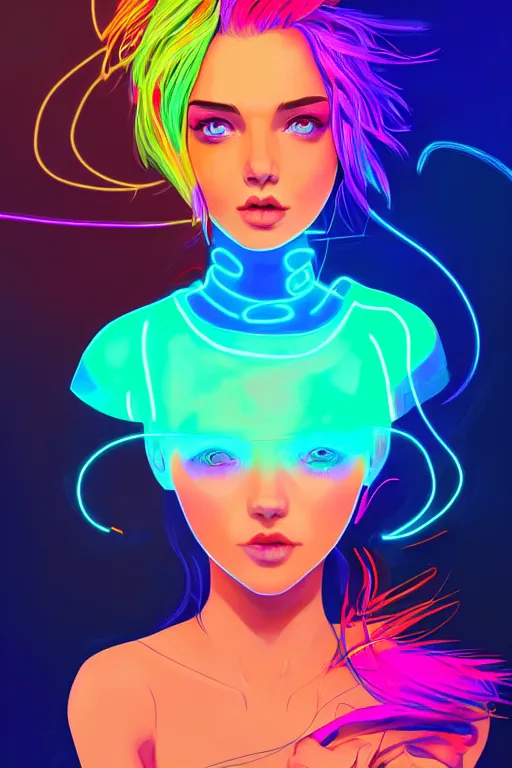 Image similar to a award winning portrait of a beautiful woman with stunning eyes in a one off shoulder croptop and cargo pants with rainbow colored hair, outlined by whirling illuminated neon lines and fine lines swirling in circles by ilya kuvshinov, digital art, trending on artstation