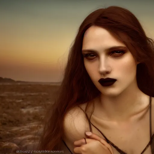 Image similar to photographic portrait of a stunningly beautiful gothic female in soft dreamy light at sunset, by edward robert hughes, annie leibovitz and steve mccurry, david lazar, jimmy nelsson, breathtaking, 8 k resolution, extremely detailed, beautiful, establishing shot, artistic, hyperrealistic, beautiful face, octane render