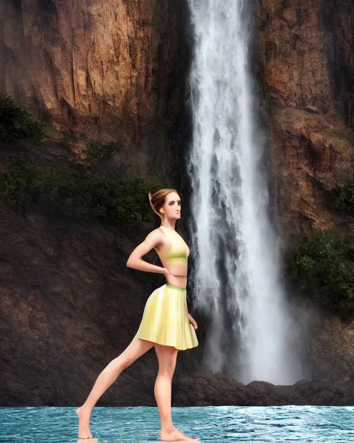 Image similar to a sharp photo of emma watson standing in a yoga pose wearing short translucent skirt standing underneath a waterfall :: trending on artstation, morning, photoreal, ue5