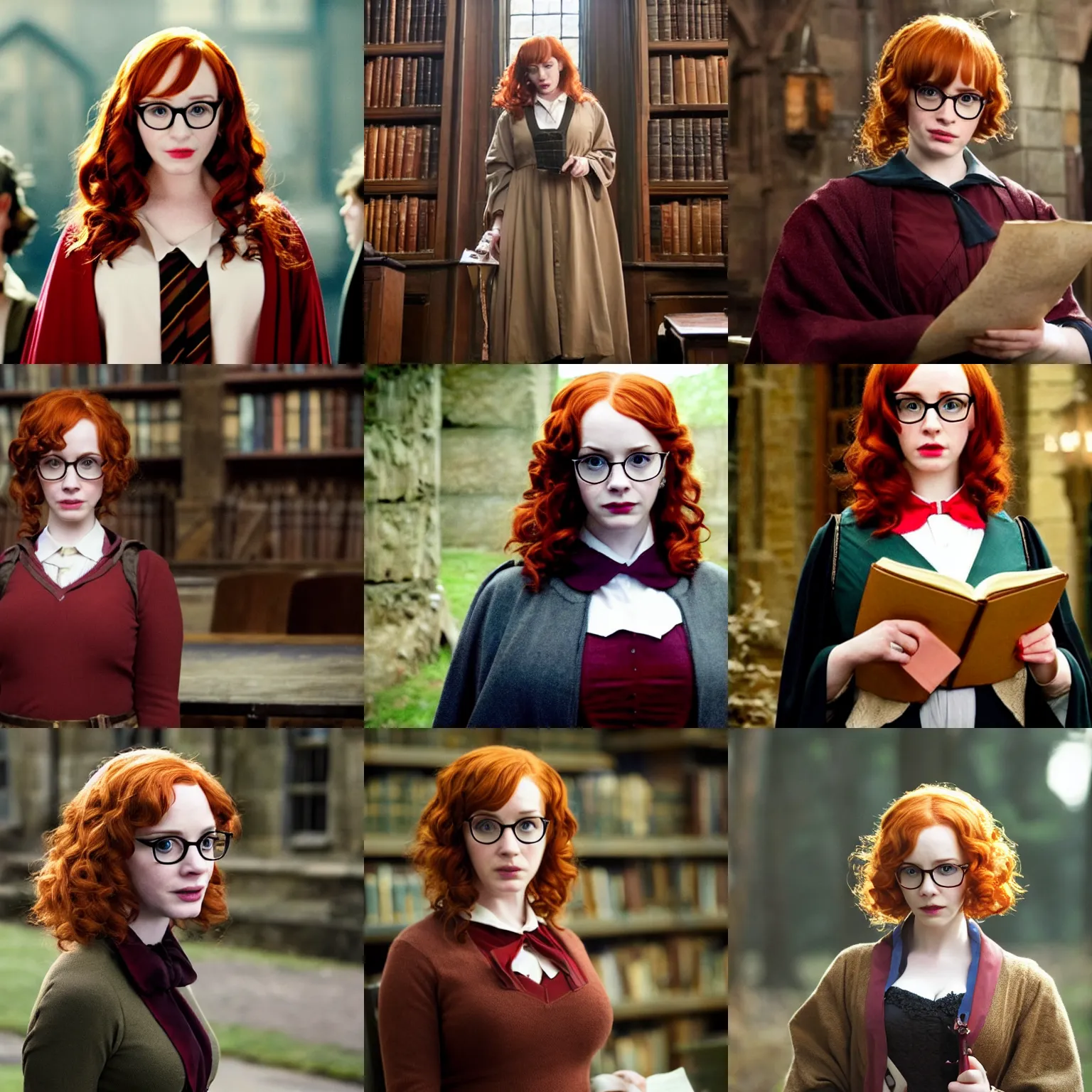 Prompt: a beautiful christina hendricks dressed as a hogwarts student wearing glasses, harry potter film still from the movie directed by denis villeneuve, wide shot