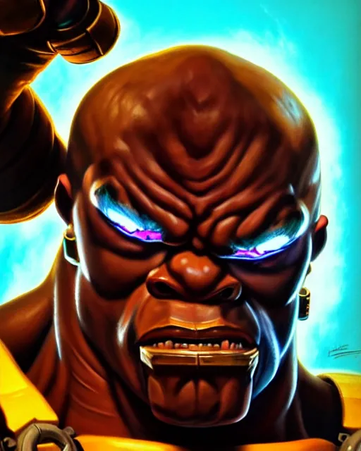 Image similar to doomfist from overwatch, elegant, confident, smug, ripped, buff, strong, colorful, fantasy, fantasy art, character portrait, portrait, close up, highly detailed, intricate detail, amazing detail, sharp focus, vintage fantasy art, vintage sci - fi art, radiant light, caustics, by boris vallejo