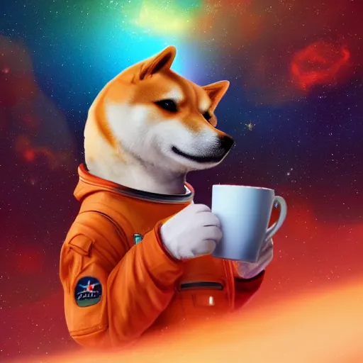 Image similar to a digital painting of a shiba inu astronaut drinking a cup of coffee in space. colorful sky full of stars, gas nebula ans galaxies. 8 k ultra hd, sharp and coherent, trending on artstation, extremely detailed, reveal lighting