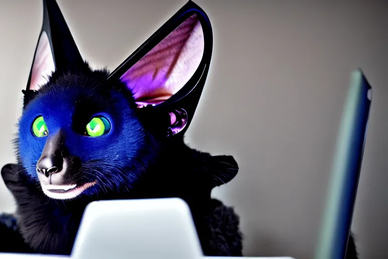 Image similar to a blue - and - black male catbat fursona with blue / green heterochromatic eyes and huge bat ears, photo of the catbat streaming on his computer