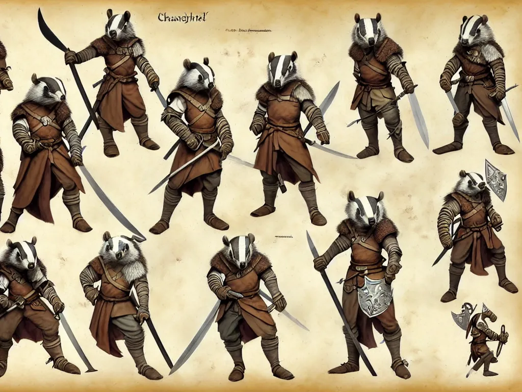 Image similar to character design sheet for a group of heroic badger knights on a parchment background, redwall, greg rutowski and jean baptiste monge, very very detailed, epic fantasy concept art