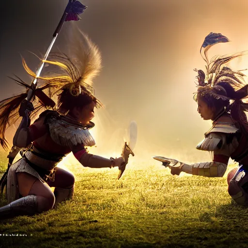 Prompt: 8k photo of a battle of 2 warrior princesses in year 2100. Nikon, sharp, beautiful light