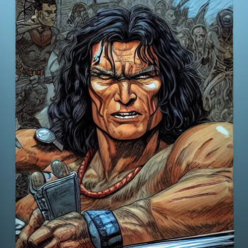 Prompt: precisely drawn illustration of Conan blended with Jim Morrison, wide angle, sharp, fine details, French comic style, vibrant realistic colors, full color, heroic fantasy, intense line art, 8k, precise linework, realistic, in the style of Heavy Metal Comics and Richard Corben and Moebius